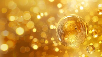 Golden shimmery core bubbles against yellow background. Gold sphere. 