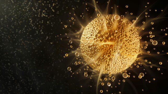 Golden shimmery core bubbles against black background. Gold sphere. 