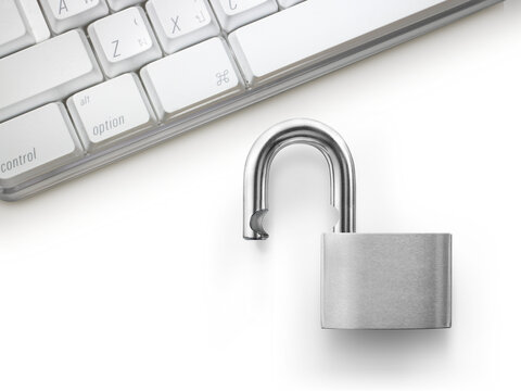 Computer security concept. Unlocked padlock on laptop keyboard. Symbol of safe. transparent background