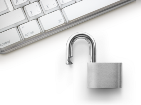 Computer security concept. Unlocked padlock on laptop keyboard. Symbol of safe. transparent background
