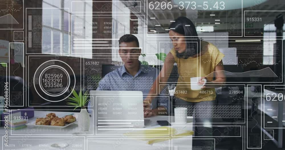 Poster animation of data processing over diverse colleagues discussing work in office