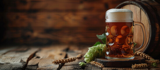 mug of beer, and beer barrel on a wooden background - obrazy, fototapety, plakaty