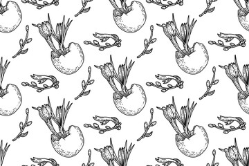 Cute hand drawn Easter seamless pattern with eggs and flowers, great for textiles, wallpapers. Vector doodle
