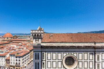 Florence, Italy - June 28, 2023: Panoramic rooftop view of the medieval famous city of Florence, Italy 
