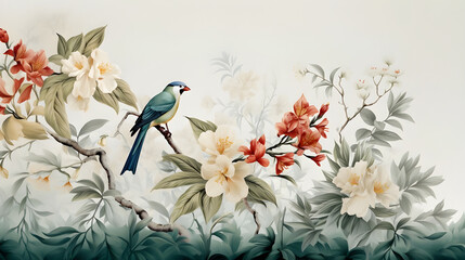 Wild Flowers and Red-Beaked Blue Bird in Chinoiserie Art Style Digital Illustration 