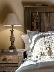Close up of rustic bedside table lamp near bed with wood headboard. French country, farmhouse, provence interior design of modern bedroom.