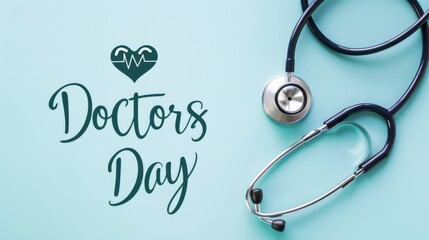 Doctors' Day - calligraphy lettering for international holiday background. Blue background with stethoscope.