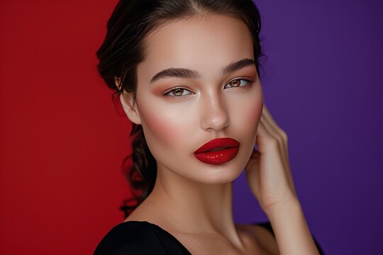 portrait of a woman for makeup product with red lipstick