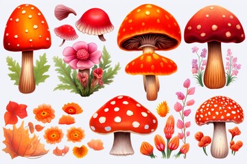 Seasonal watercolor illustration forest mushrooms