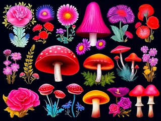 Vibrant mushrooms and wildflowers watercolor set