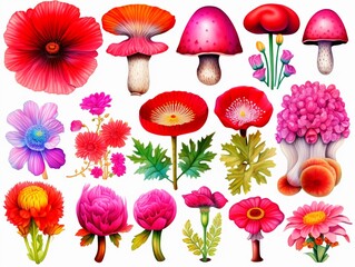 Fototapeta na wymiar Vibrant mushrooms and wildflowers watercolor set