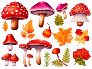 Watercolor illustration of wild mushrooms with autumn leaves