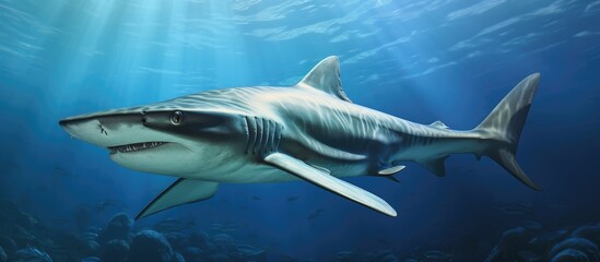 Obraz premium A great white shark, a member of the Lamnidae family, with its electric blue fluid fin, is swimming gracefully in the ocean, showcasing the beauty of marine wildlife