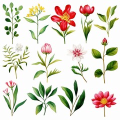 Botanical watercolor patterns green leaves and summer flowers