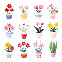 Cartoon-style watercolor plants and flowers