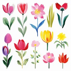 Cartoon-style watercolor plants and flowers