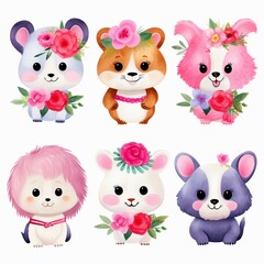 Childrens watercolor set cute animals and flowers