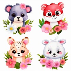 Childrens watercolor set cute animals and flowers
