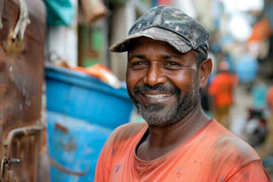 A man wearing a hat and an orange shirt is smiling. He is standing in front of a blue container. sanitation worker smile happy face portrai