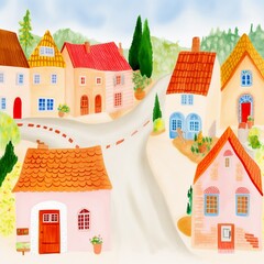 Watercolor illustration of a charming village street