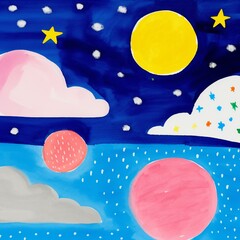 Whimsical night sky in watercolor with moons