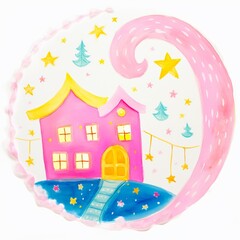 Whimsical watercolor moon and fairy lights