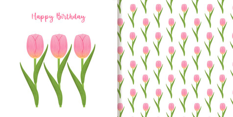 Greeting card and seamless pattern. Spring flowers for birthdays and women's day. Pink tulips on a long stem with green leaves on a white background. Vector illustration. Print for paper gift bags.
