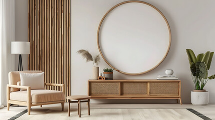 Oval shape mockup photo frame bamboo border, on bookcase in modern living room, 3d render