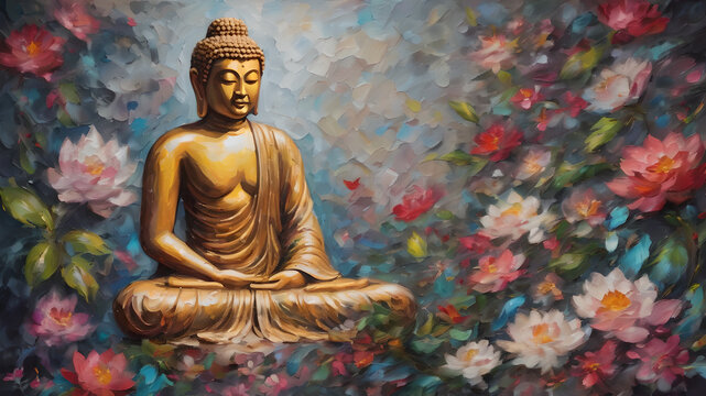 Buddha image, ancient Buddhism surrounded by flowers oil paint