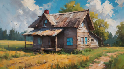 Fototapeta na wymiar paint like illustration of wooden house on summer rural field, idea for home art wall decor