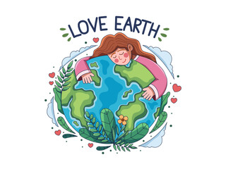 Girl embraces Earth and love the earth, highlighting human-nature connection and environmental stewardship, promoting conservation and sustainability.