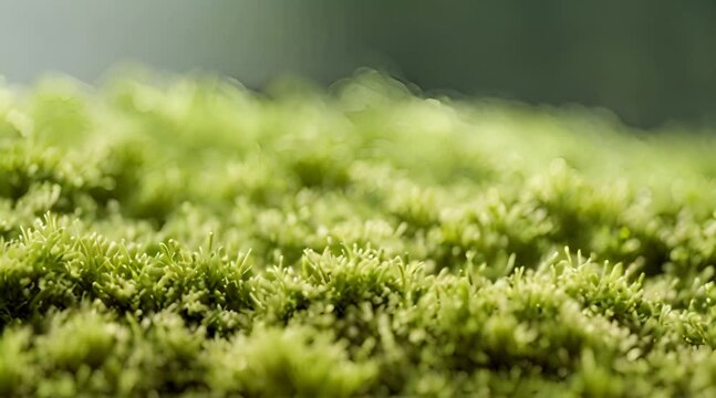 Macro Grooved green moss in nature motion video. Soft focus and bokeh background