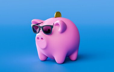 Cute piggy bank in sunglasses on blue background 3d rendering