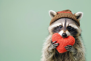 On an isolated pastel green background, a cheerful raccoon holds a plush heart, radiating happiness and warmth.