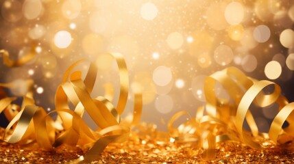 Horizontal Festive Background made of gold ribbons, confetti, Bokeh. Template, Layout for Presentation, Product Demonstration, Lottery Winnings, Holiday, Copy space.