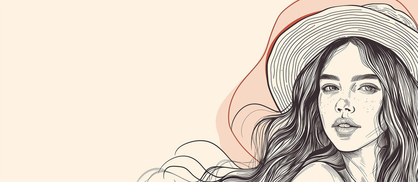 Beautiful young woman with long wavy locks in wide-brimmed hat, hand drown illustration