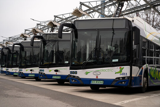 Electric buses at Zajezdnia autobusowa Wola Duchacka bus depot facility in Cracow. MPK Krak&oacute;w Public Transport buses. Rows of parked autobus vehicles on March 2, 2024 in Krakow, Poland.