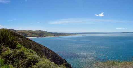 Panoramic view along the Pacific coast towards Kaka Point from Nugget Point in the Catlins on New Zealand's South Island