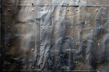 The texture of old, dusty aluminum sheets creates a weathered and industrial backdrop for designs.