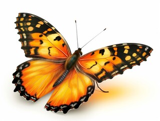 A brightly colored orange and black butterfly with wings spread, isolated on a white background.