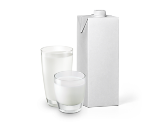 Glass of milk and packaging box, transparent background