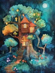 Whimsical treehouse in an enchanted forest surrounded by flora and fauna