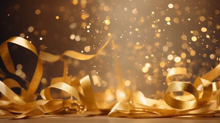 Background of gold ribbons, confetti, Bokeh.