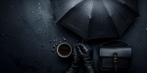 An umbrella in the rain, Rain drops on an black umbrella. Rainy weather.  - obrazy, fototapety, plakaty