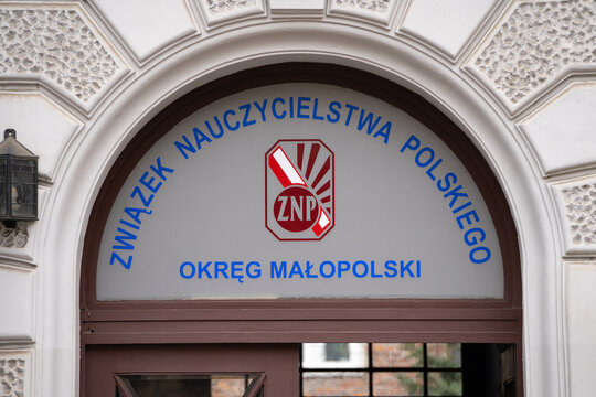 Polish Teachers' Union, ZNP logo sign on a branch building in Krak&oacute;w. Związek Nauczycielstwa Polskiego, association of polish teachers trade union on March 8, 2024 in Krakow, Poland.