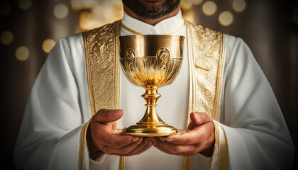 Extreme closeup of the hands of a priest holding a golden chalice, cup of wine (blood of Christ), symbolizing the holy sacrament of Communion in Christianity and the connection with God. Generative Ai - obrazy, fototapety, plakaty