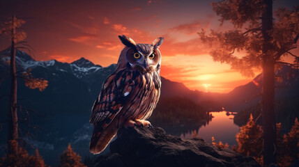 Owl night animal in wild nature with dark sunset backg - obrazy, fototapety, plakaty