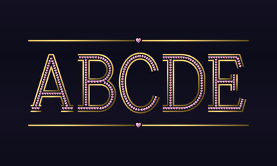 A, B, C, D, E golden capital letters with rose gold hearts inside. Decorative font in romantic style.