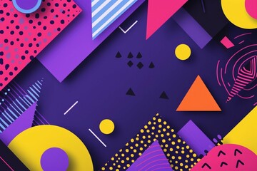 Abstract vertical purple background, poster, cover with colorful geometric retro Memphis style elements. Trendy Vector illustration. Template for banner, presentation, business card, brochure design.