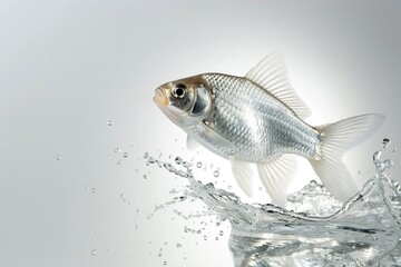 An elegant silver fish captured in mid-leap, with water droplets frozen in time around it, creating a dynamic and refreshing image.
